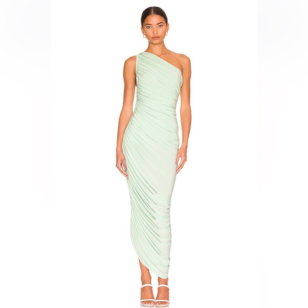 Norma Kamali One-Shoulder Ruched Mint Green Dress